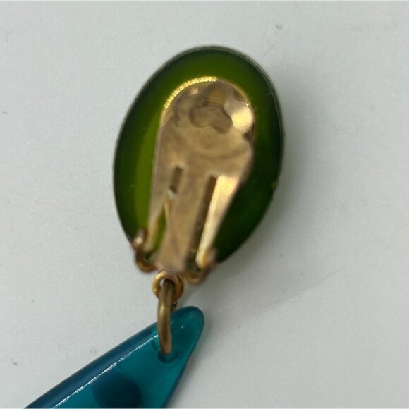 Vintage 1960s Lucite Dangle Clip-On Earrings Teal & Green Mod Design With Facete - Picture 8 of 16